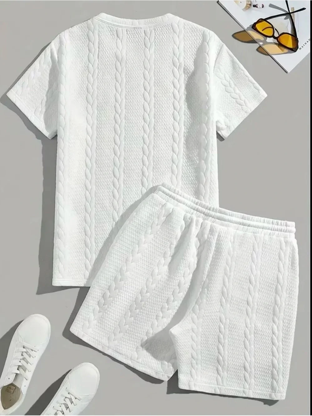 Men's White Cable-Knit Short Sleeve Tee & Shorts Set